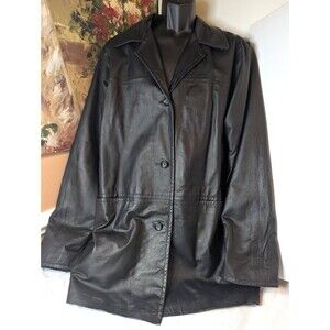 VTG Comint Black  Leather Trench Coat Jacket Mens Size L Unisex Goth Grunge Funk